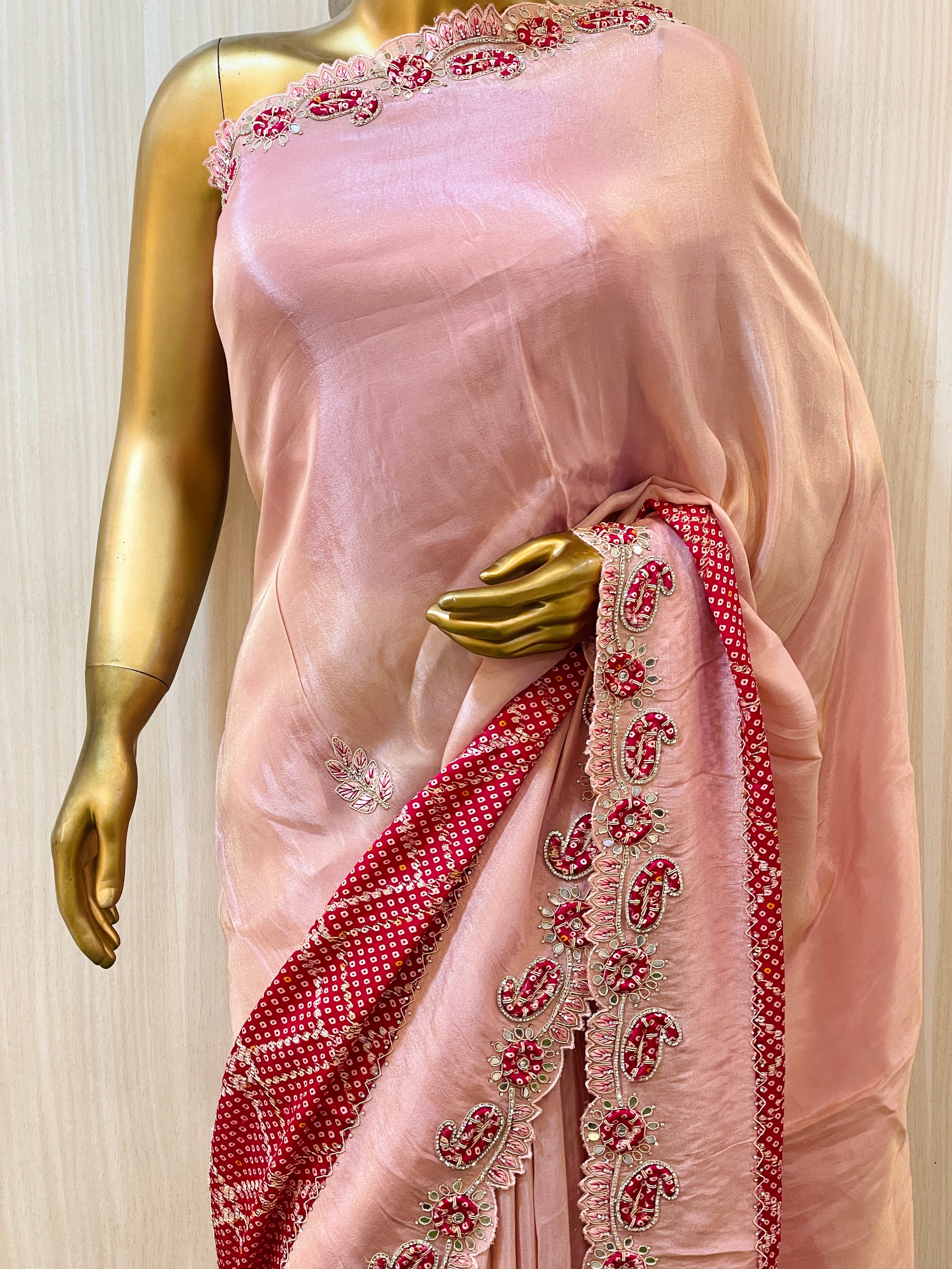 Nitika Russian Silk And Bandhani Patch Light Pink Saree