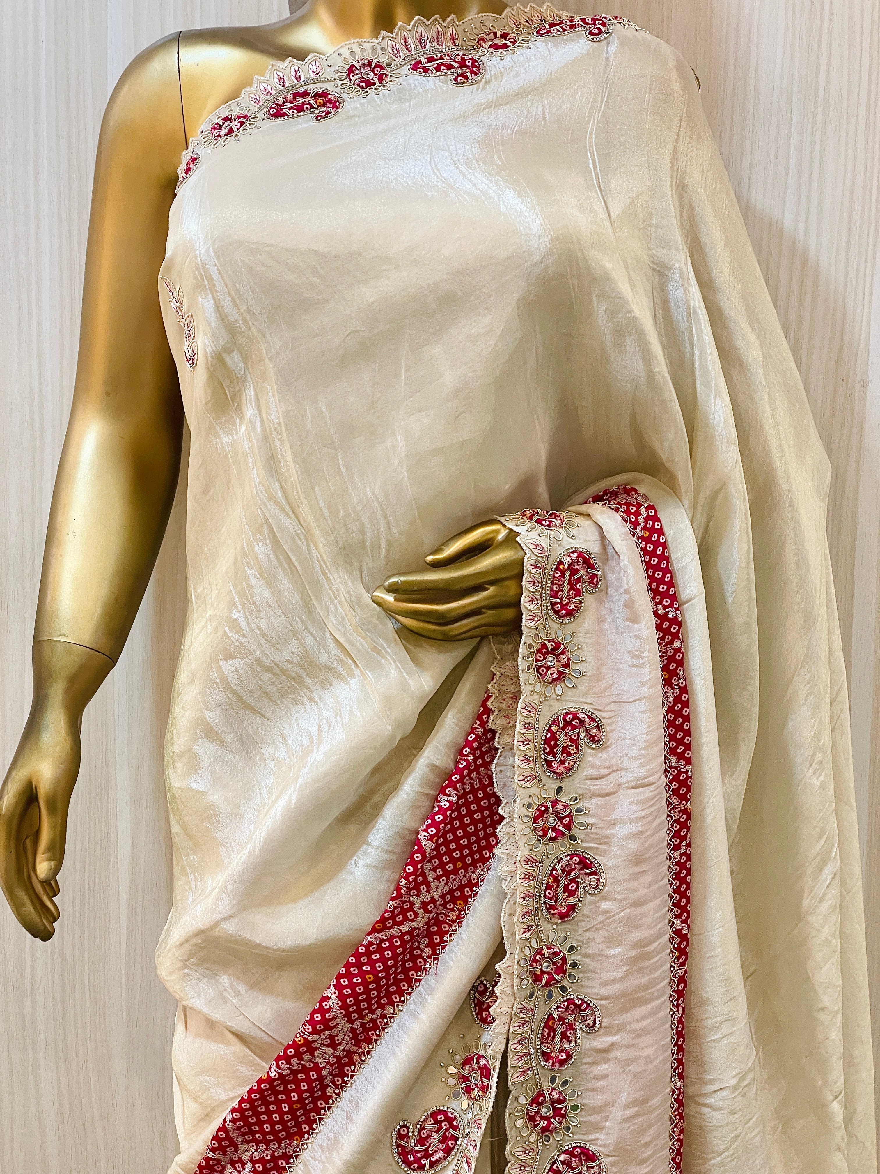 Nitika Russian Silk And Bandhani Patch Ivory White Saree