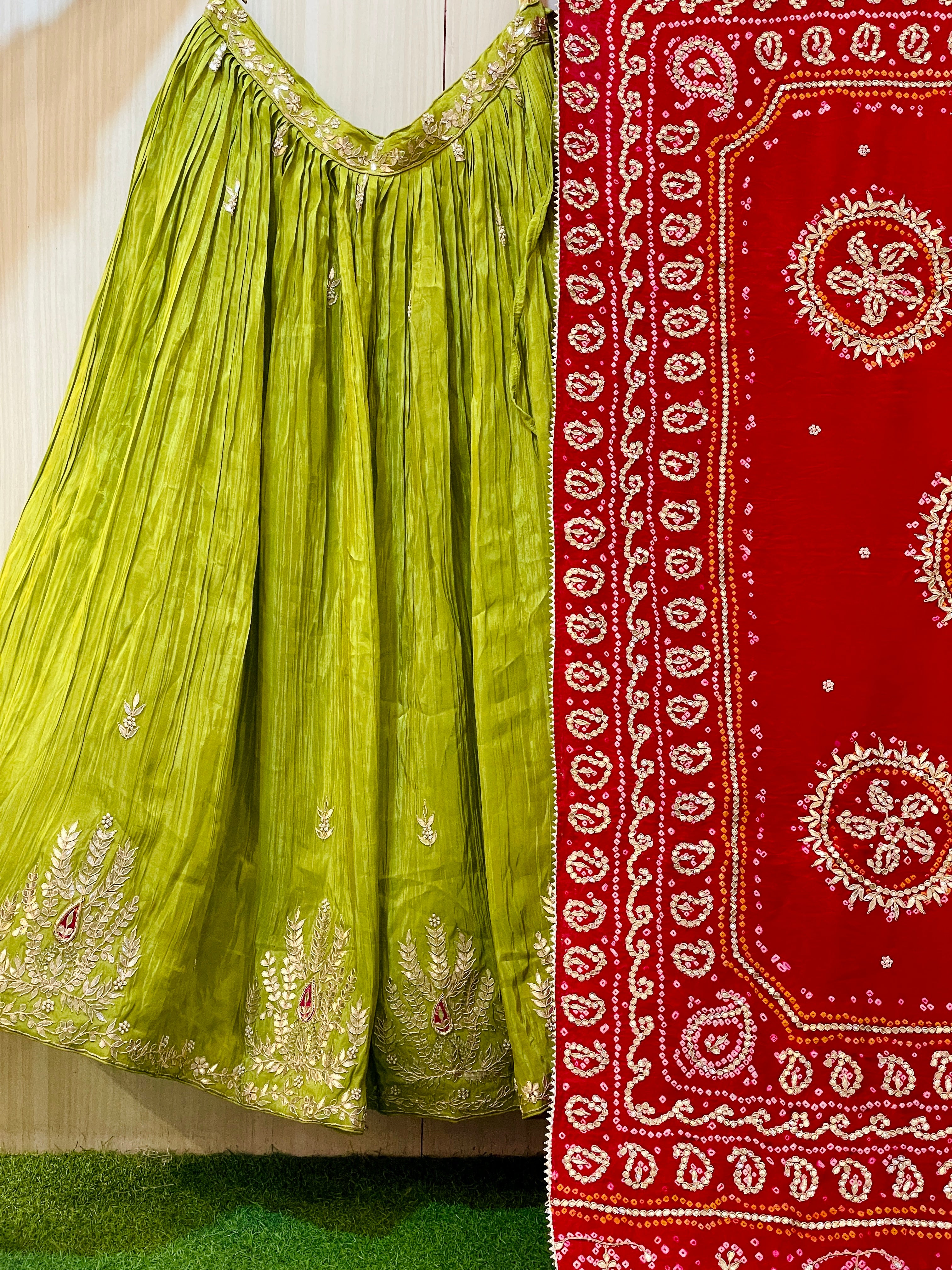 Pure Green Gaji Silk Dupatta and Lehenga