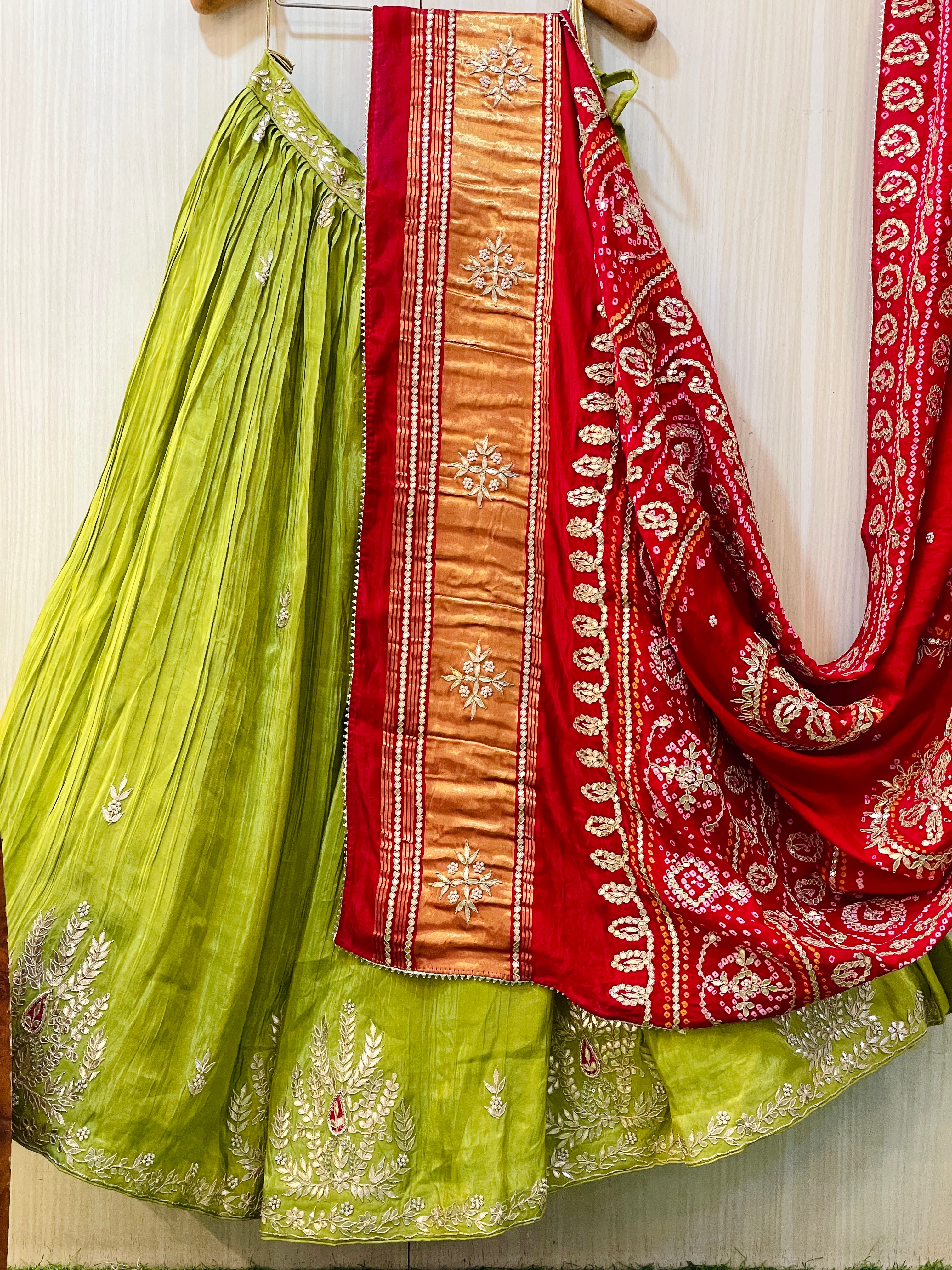 Pure Green Gaji Silk Dupatta and Lehenga