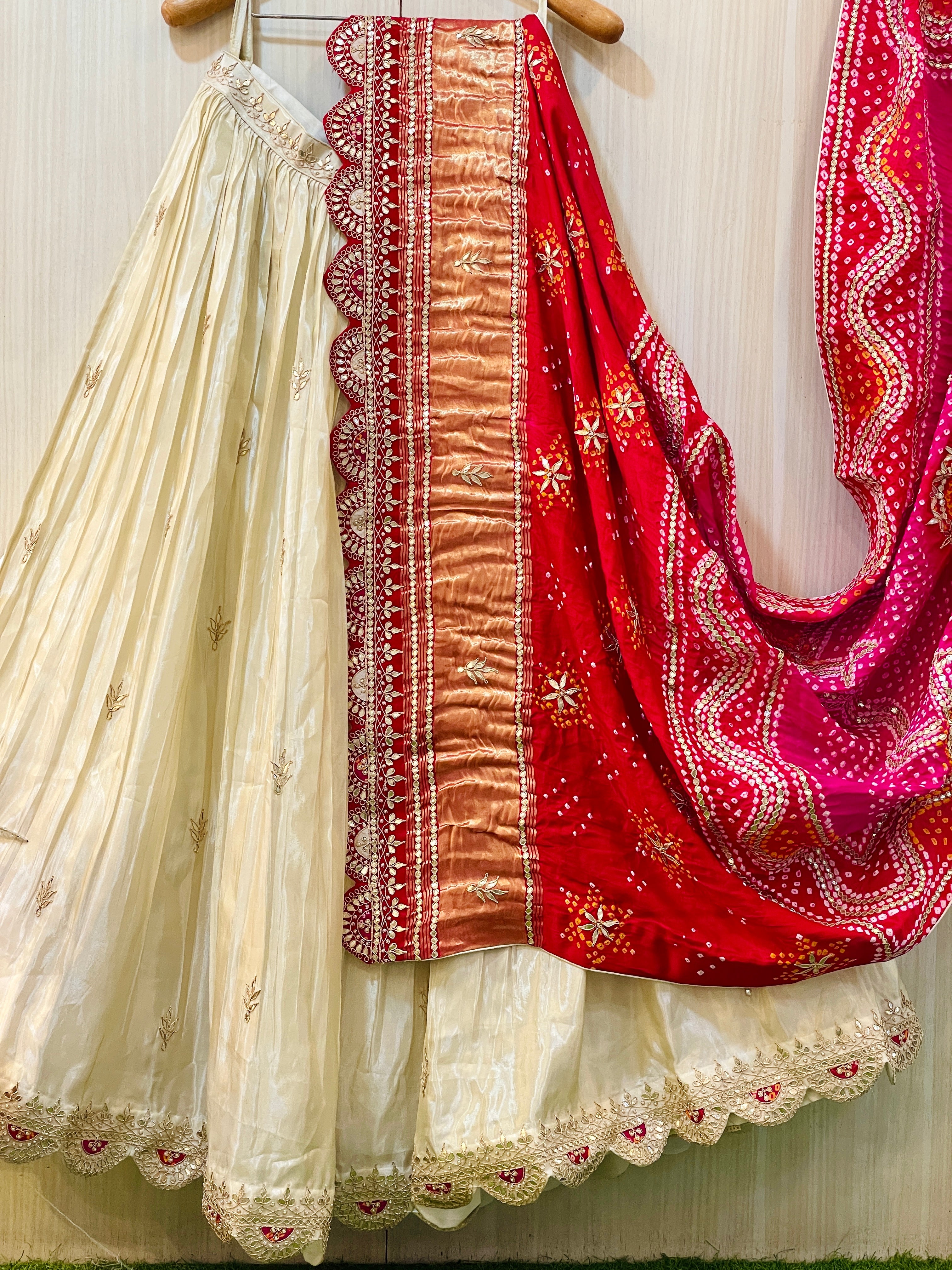 Pure Cream Gaji Silk Dupatta and Lehenga