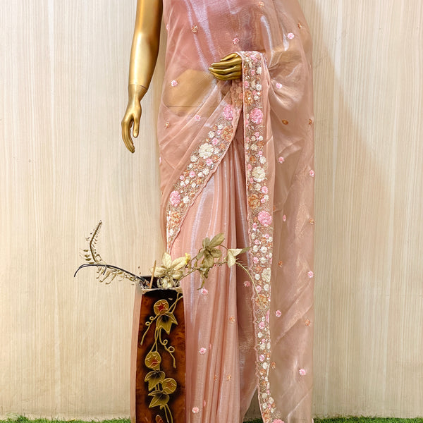 Banarasee Hand-Embroidered Mirror Work Organza Saree With Blouse-Pink