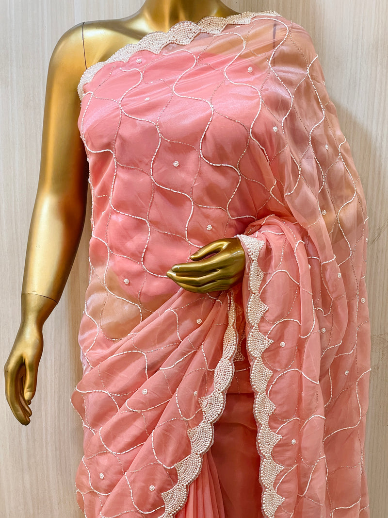 Peach organza saree with blouse 7409