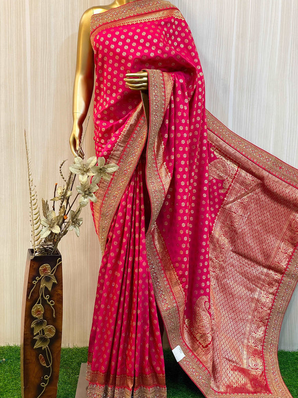 Bright Red Silk Saree With Floral Buttis – Cherrypick