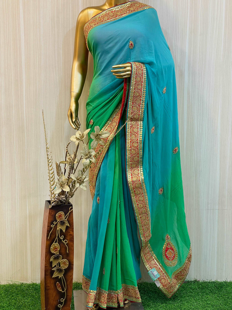 Embroidered Shimmer Georgette Saree in Olive Green : SFVA3491