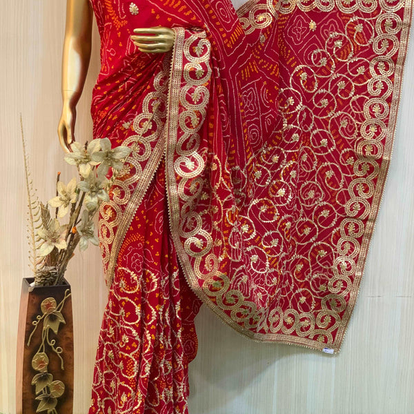 Red Chunri Style Saree With Traditional Embroidery, CHEAP SAREE BLOUSE  #21008 | Buy Online @ DesiClik.com, USA