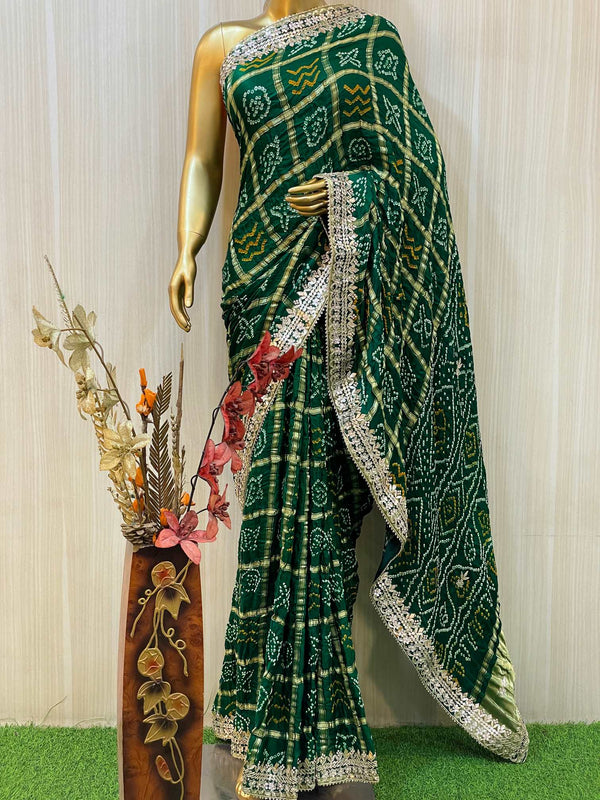 heavy designer bandhani print saree with stiched readymade blouse concept  vichitra silk blooming designer bandhani with heavy border saree collection