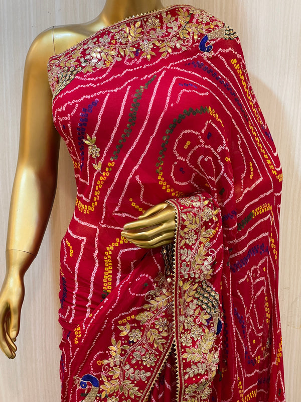 Banarasee Brasso Silk Chunri Bandhej Saree with Zari Work & Contrast B