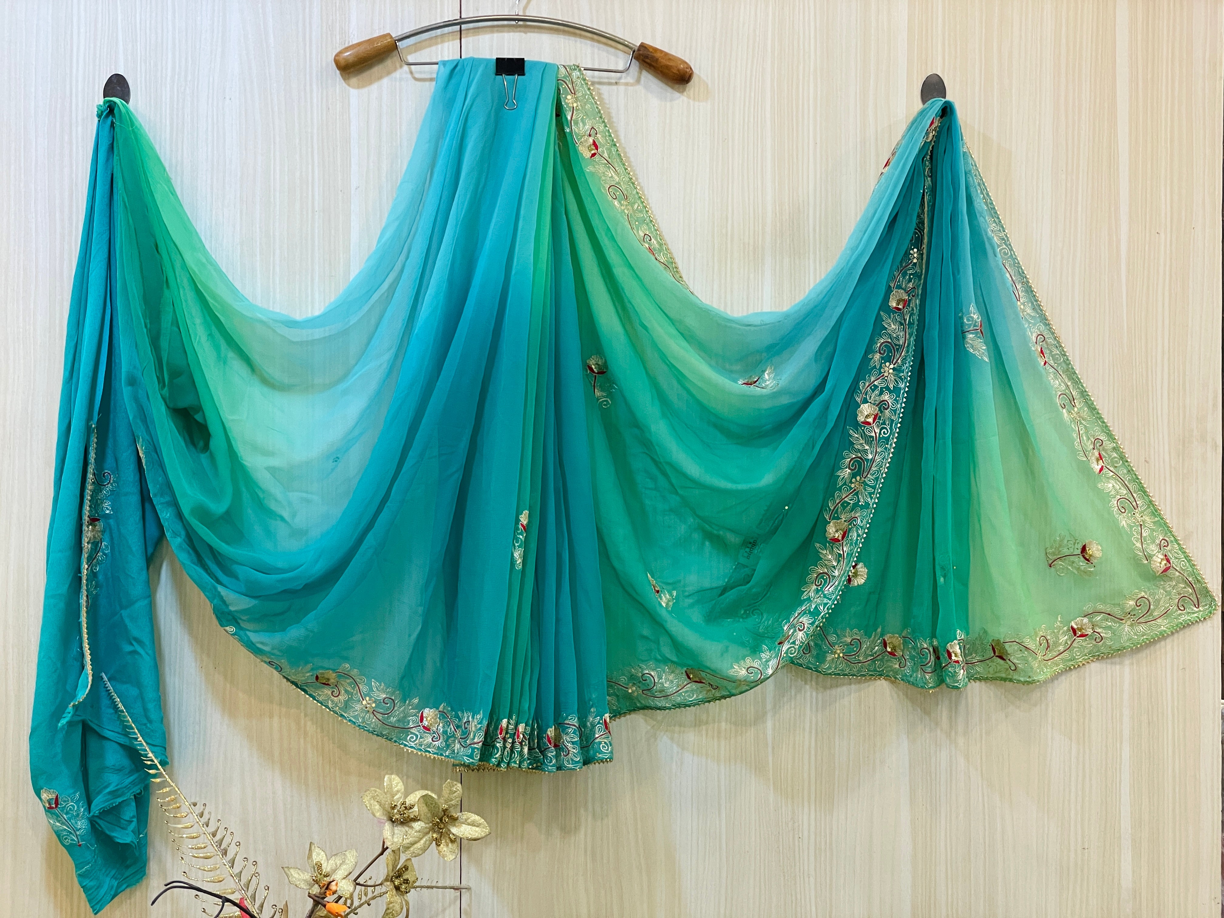 Green cheapest and Blue Chiffon Saree