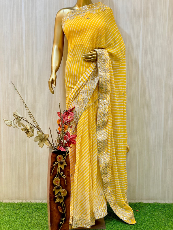 Hot Pink AND Yellow Leheriya Printed Saree | Leemboodi