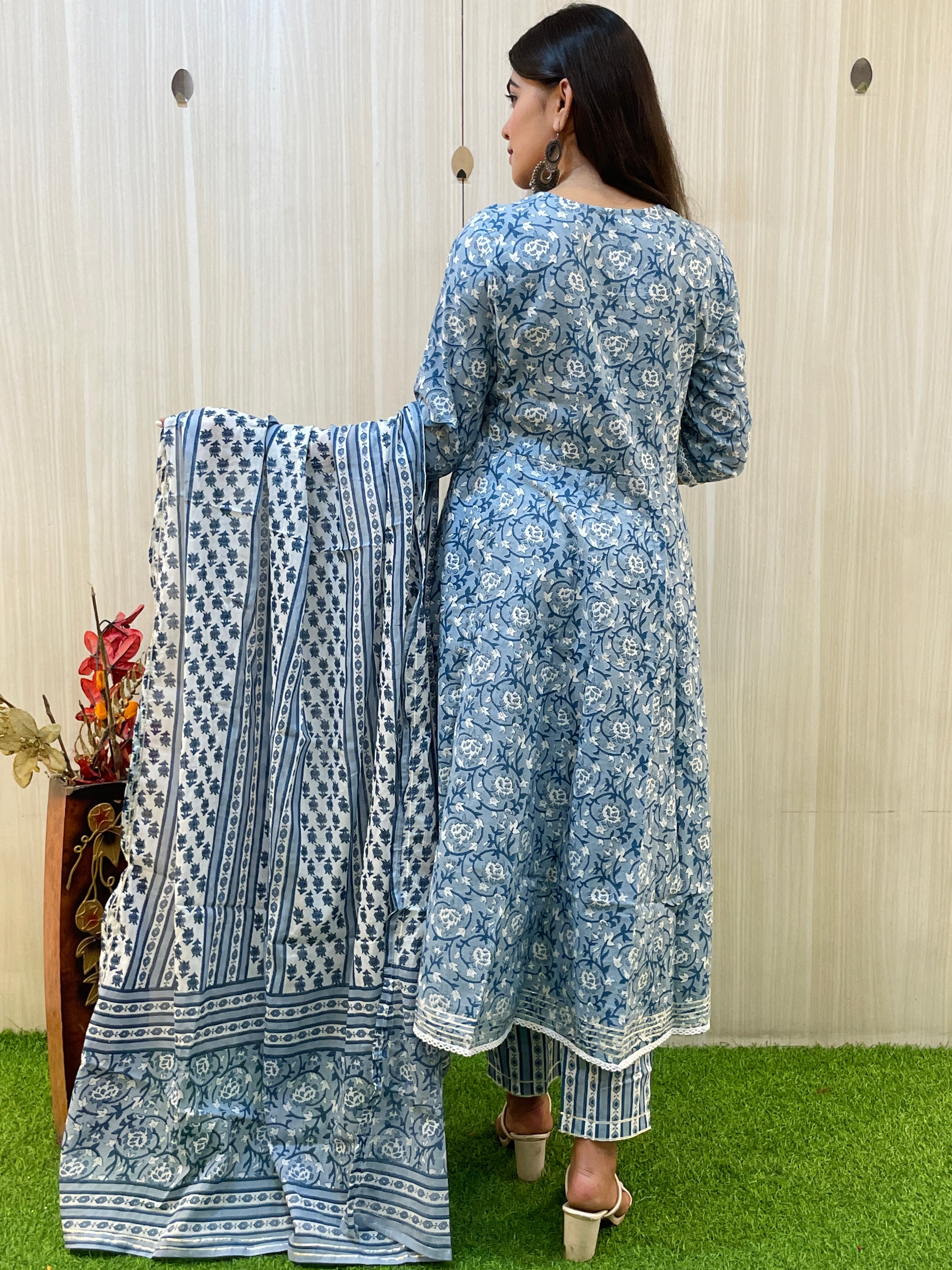 Blue and White Anarkali Kurta Set