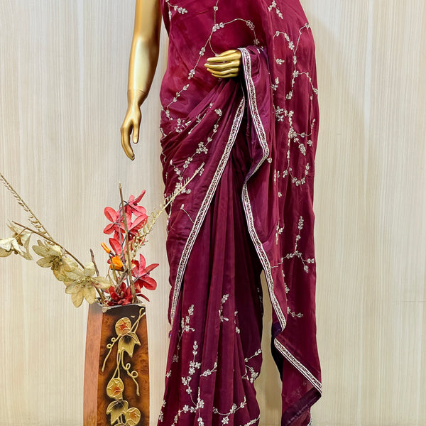 Wine & Gray Banarasi Silk Saree - Urban Womania