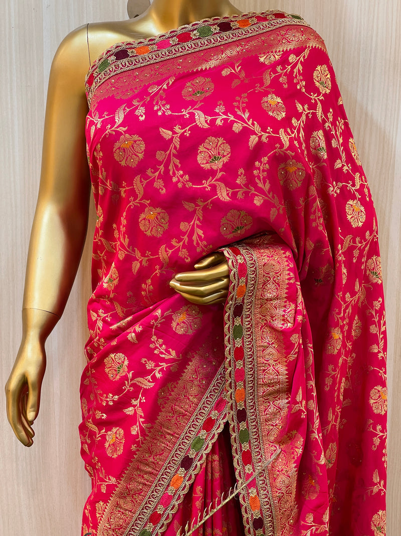 Buy the elegant Rose Pink Designer Banarasi Saree online-Karagiri