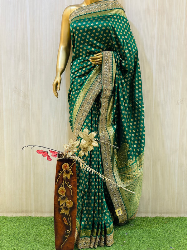 Bottle Green Katan Silk Brocade Handloom Banarasi Saree - Sacred Weaves