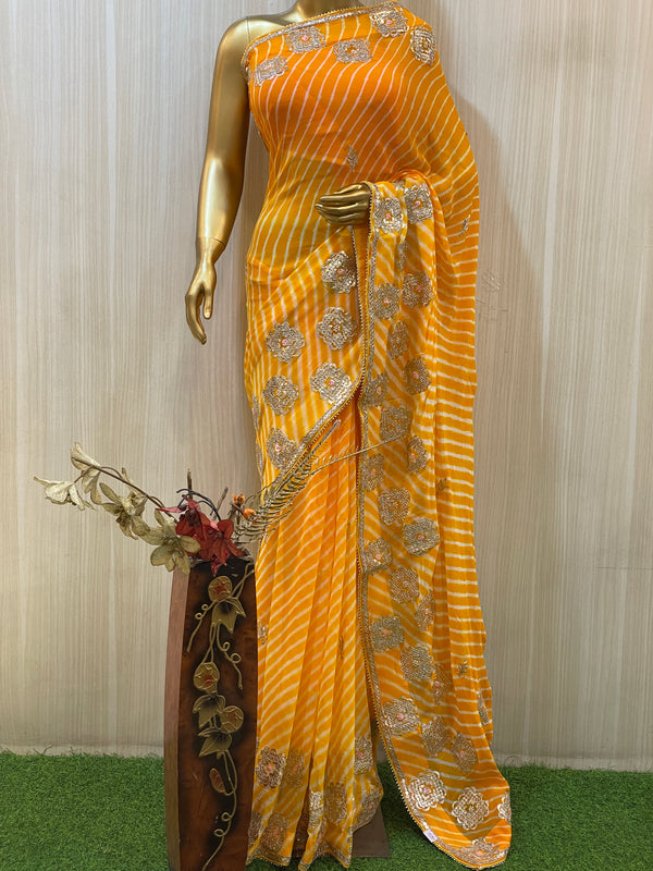 Yellow Printed Georgette Leheriya Saree | Leemboodi