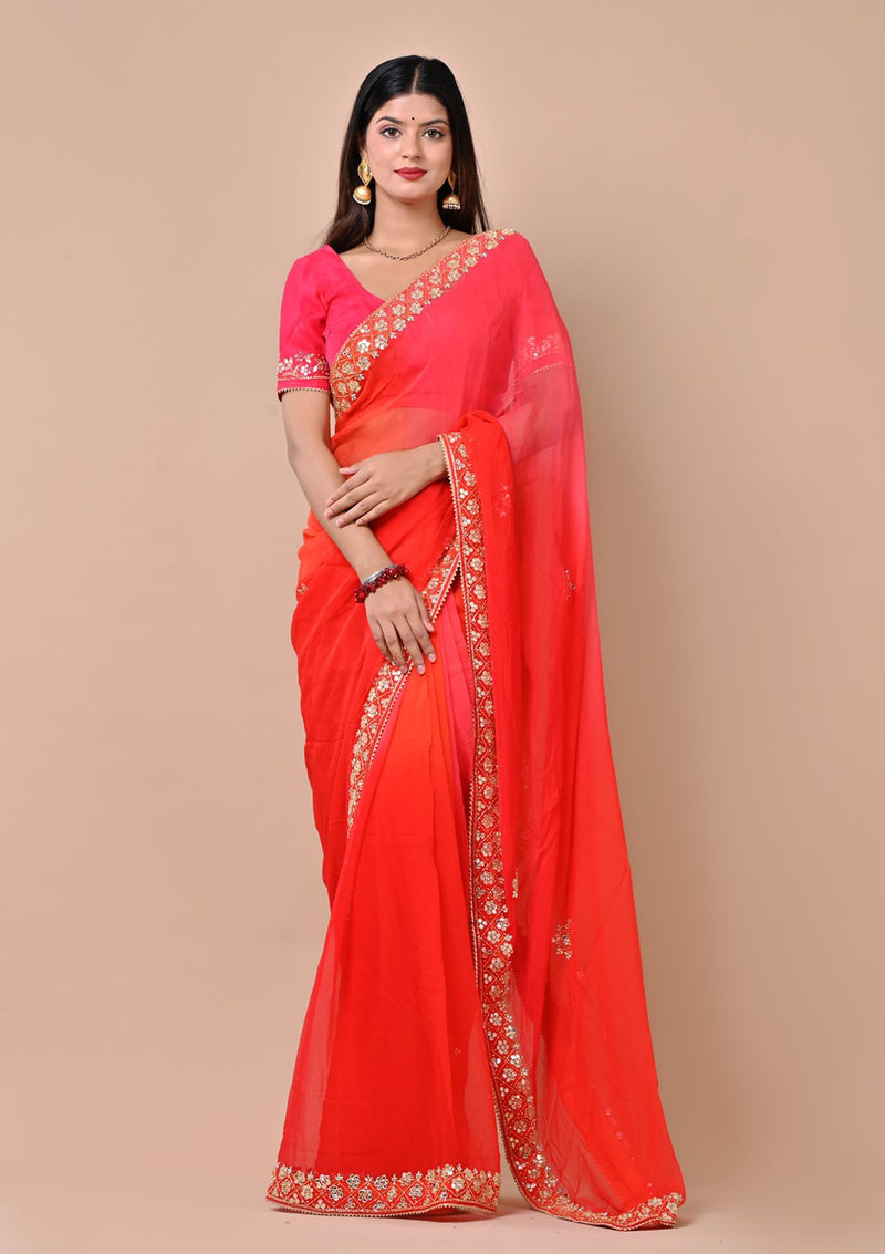 Pure Silk by Cotton Orange Saree with Red and Golden Zari Pallu – Silksaga  Studio