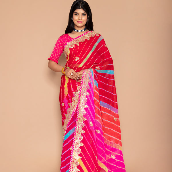Buy Pink and Yellow Leheriya Saree Online – Vasansi Jaipur