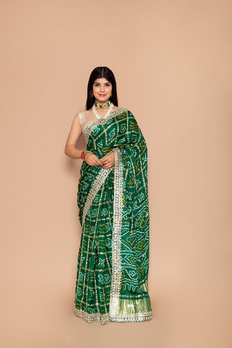 Woven Bandhani Art Silk Saree (Green) Origin Hand Bandhej Jacquard Border Bandhani  Saree With Blouse Piece